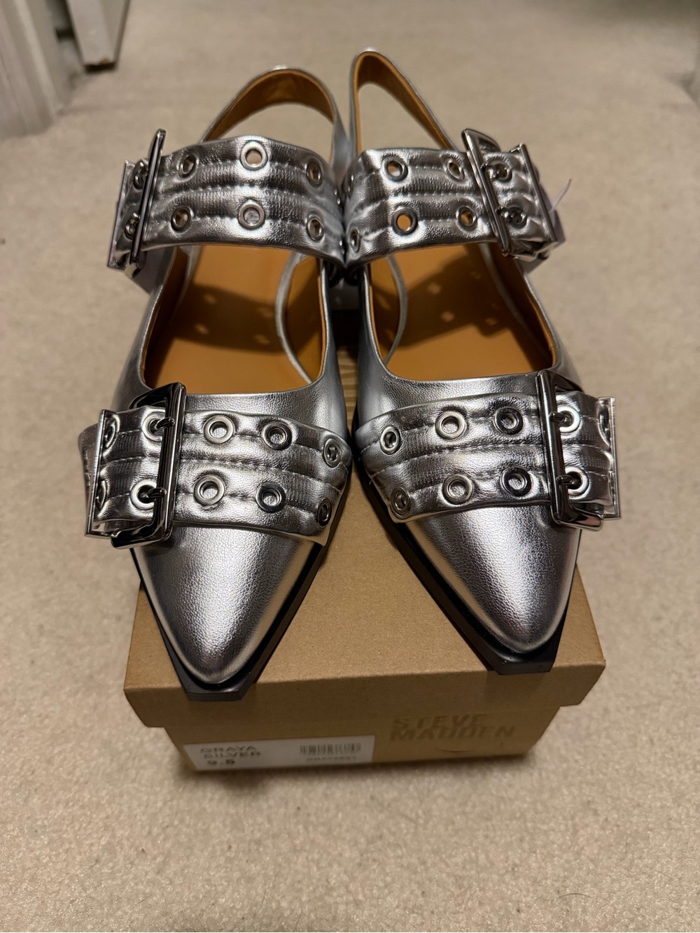 Steve Madden Silver Pointed Slingback Flats with Buckle Straps